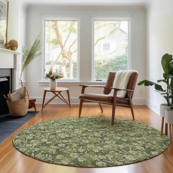 8' Olive Green And Ivory Floral Washable Round Rug With UV Protection Photo 5