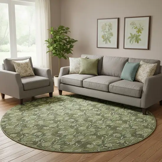 8' Olive Green And Ivory Floral Washable Round Rug With UV Protection Photo 1