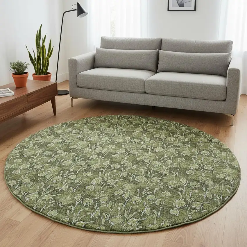 8' Olive Green And Ivory Floral Washable Round Rug With UV Protection Photo 2