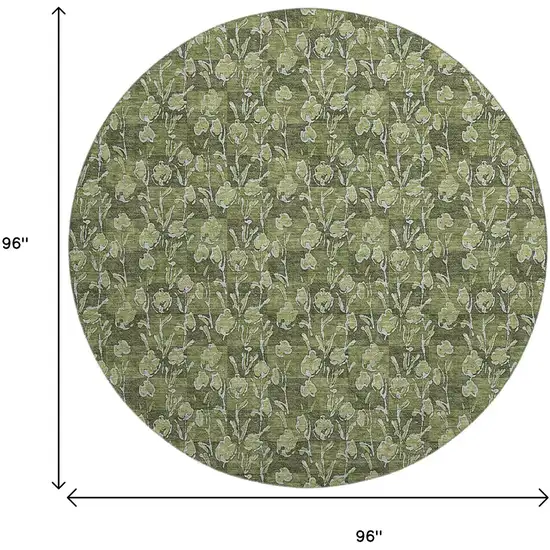8' Olive Green And Ivory Floral Washable Round Rug With UV Protection Photo 6
