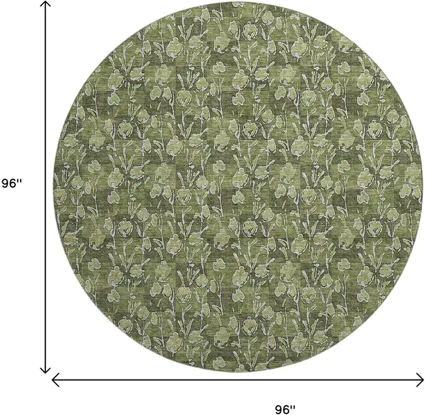 8' Olive Green And Ivory Floral Washable Round Rug With UV Protection Photo 6