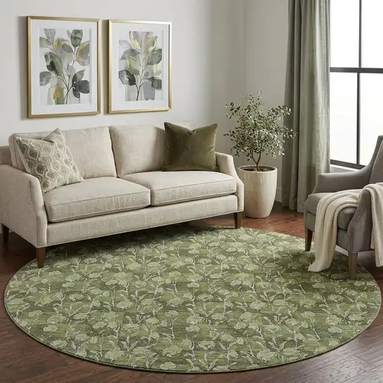 8' Olive Green And Ivory Floral Washable Round Rug With UV Protection Photo 1
