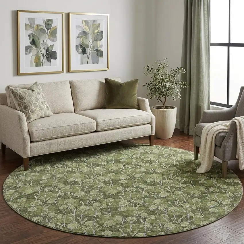 8' Olive Green And Ivory Floral Washable Round Rug With UV Protection Photo 1