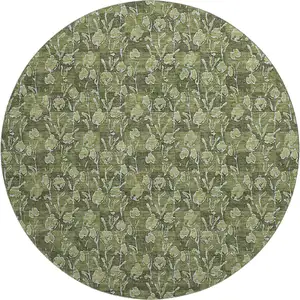 Photo of 8' Olive Green And Ivory Floral Washable Round Rug With UV Protection