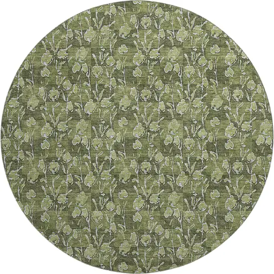 8' Olive Green And Ivory Floral Washable Round Rug With UV Protection Photo 1