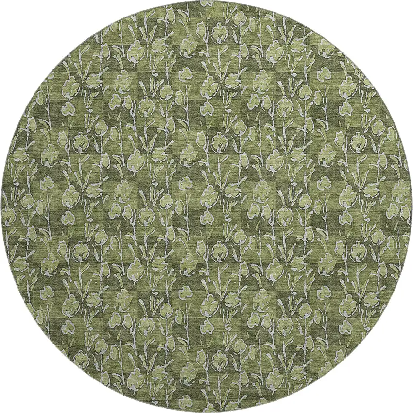 8' Olive Green And Ivory Floral Washable Round Rug With UV Protection Photo 1