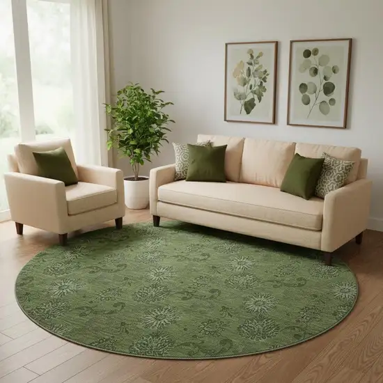 8' Olive Green And Ivory Floral Washable Round Rug With UV Protection Photo 1