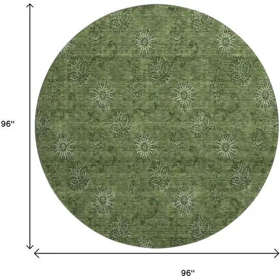 8' Olive Green And Ivory Floral Washable Round Rug With UV Protection Photo 3