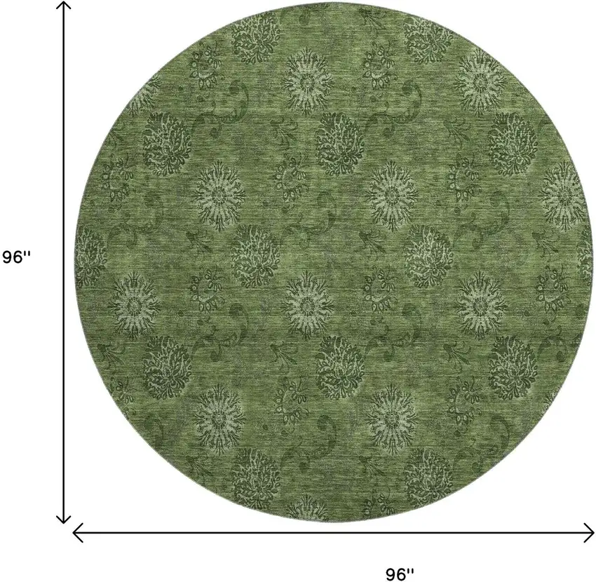 8' Olive Green And Ivory Floral Washable Round Rug With UV Protection Photo 3