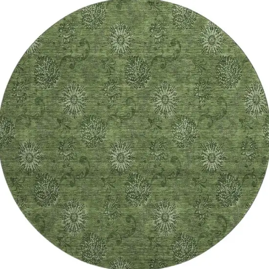 8' Olive Green And Ivory Floral Washable Round Rug With UV Protection Photo 4