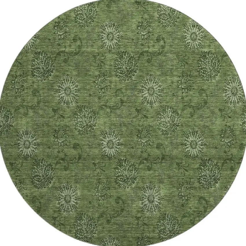 8' Olive Green And Ivory Floral Washable Round Rug With UV Protection Photo 4