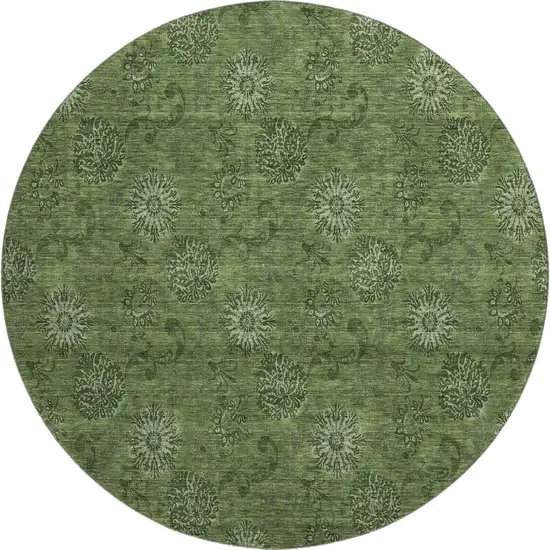 8' Olive Green And Ivory Floral Washable Round Rug With UV Protection Photo 1
