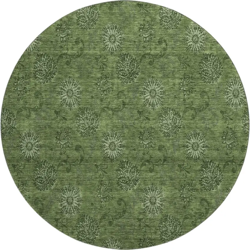 8' Olive Green And Ivory Floral Washable Round Rug With UV Protection Photo 1