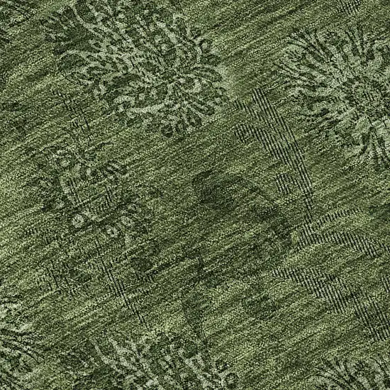 8' Olive Green And Ivory Floral Washable Round Rug With UV Protection Photo 9