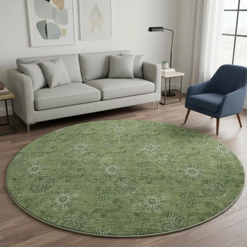 8' Olive Green And Ivory Floral Washable Round Rug With UV Protection Photo 2