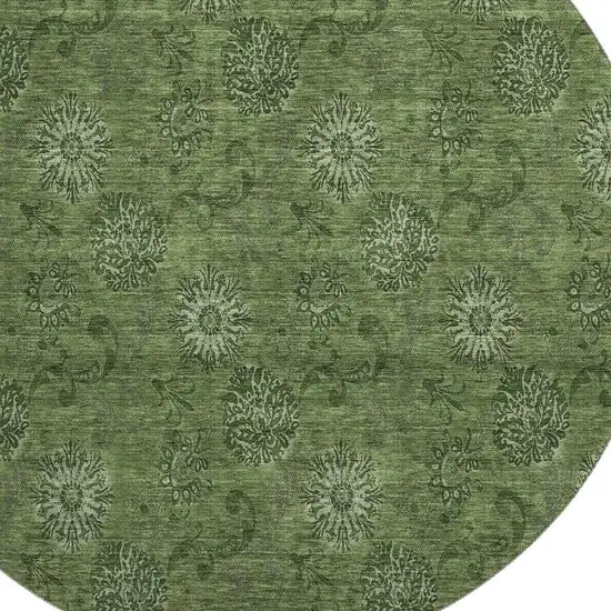 8' Olive Green And Ivory Floral Washable Round Rug With UV Protection Photo 3