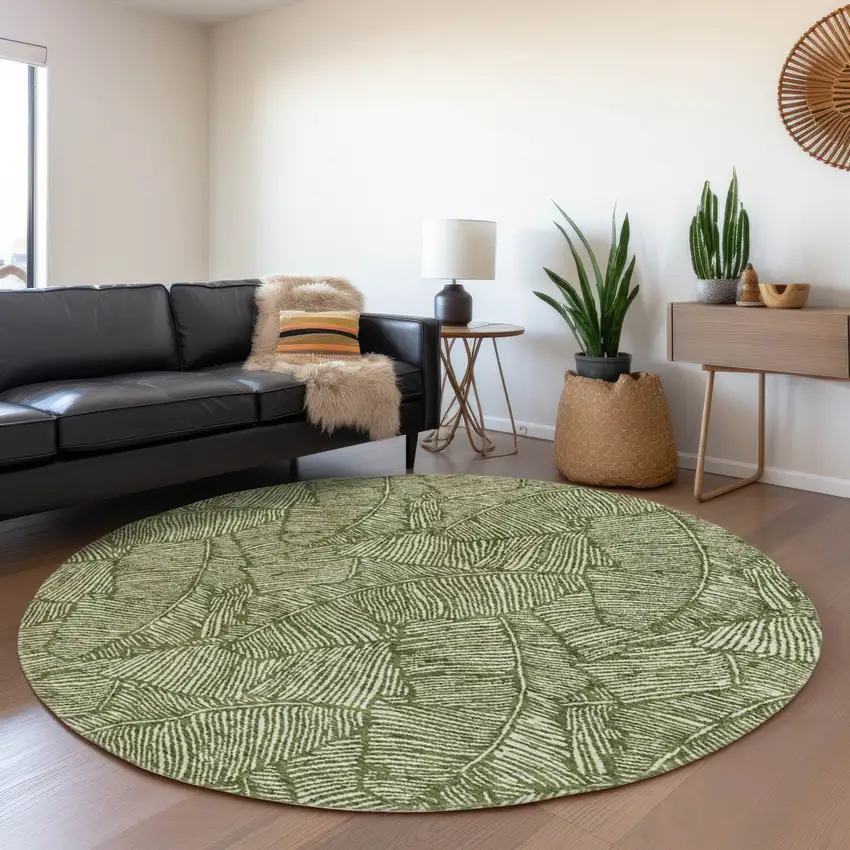 8' Olive Green And Ivory Floral Washable Round Rug With UV Protection Photo 5