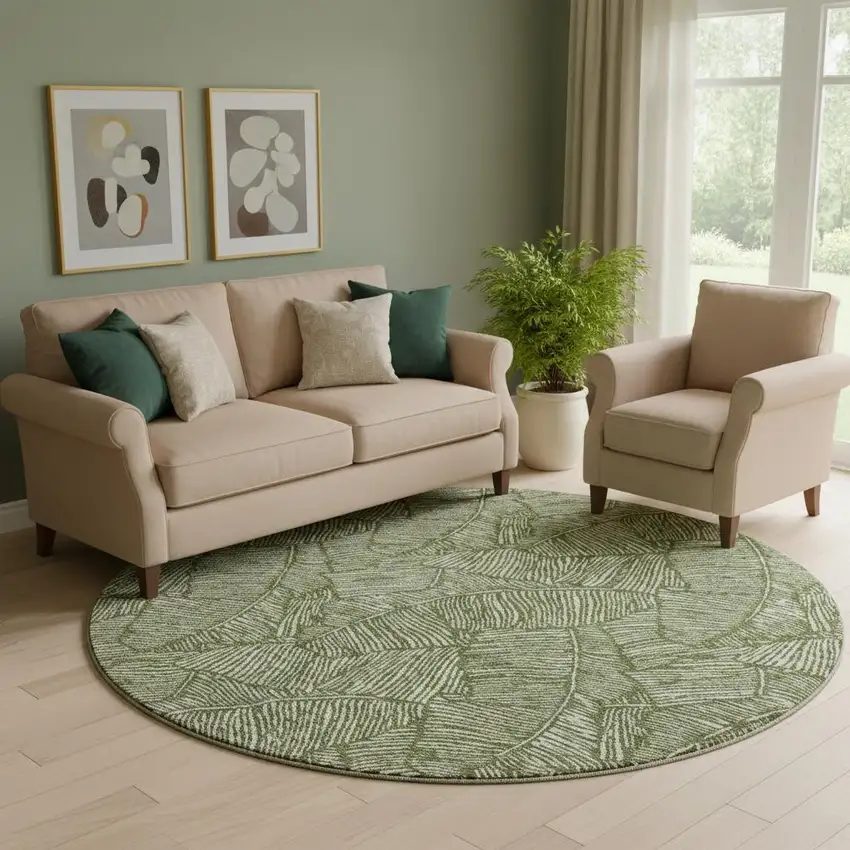 8' Olive Green And Ivory Floral Washable Round Rug With UV Protection Photo 1