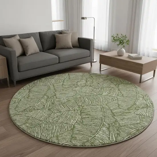 8' Olive Green And Ivory Floral Washable Round Rug With UV Protection Photo 2