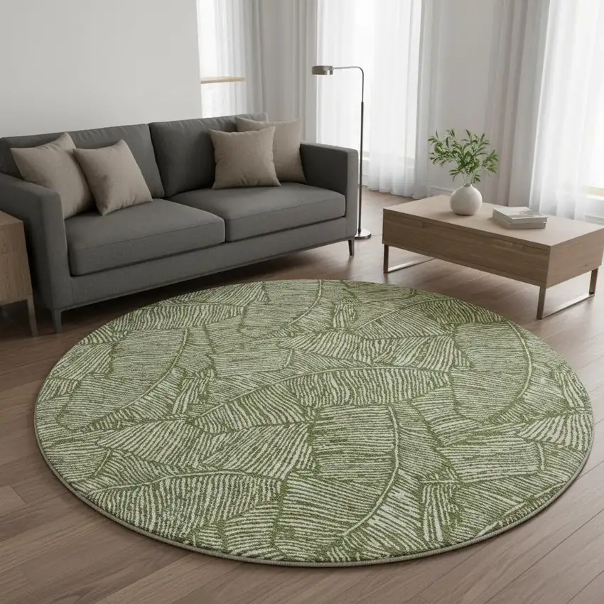 8' Olive Green And Ivory Floral Washable Round Rug With UV Protection Photo 2