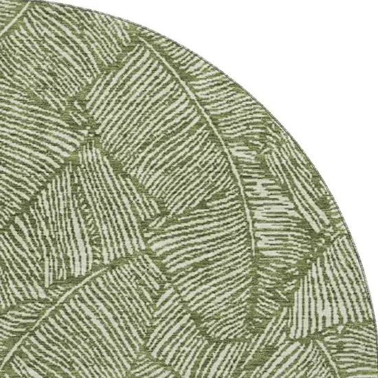 8' Olive Green And Ivory Floral Washable Round Rug With UV Protection Photo 4