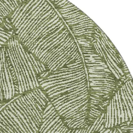 8' Olive Green And Ivory Floral Washable Round Rug With UV Protection Photo 3