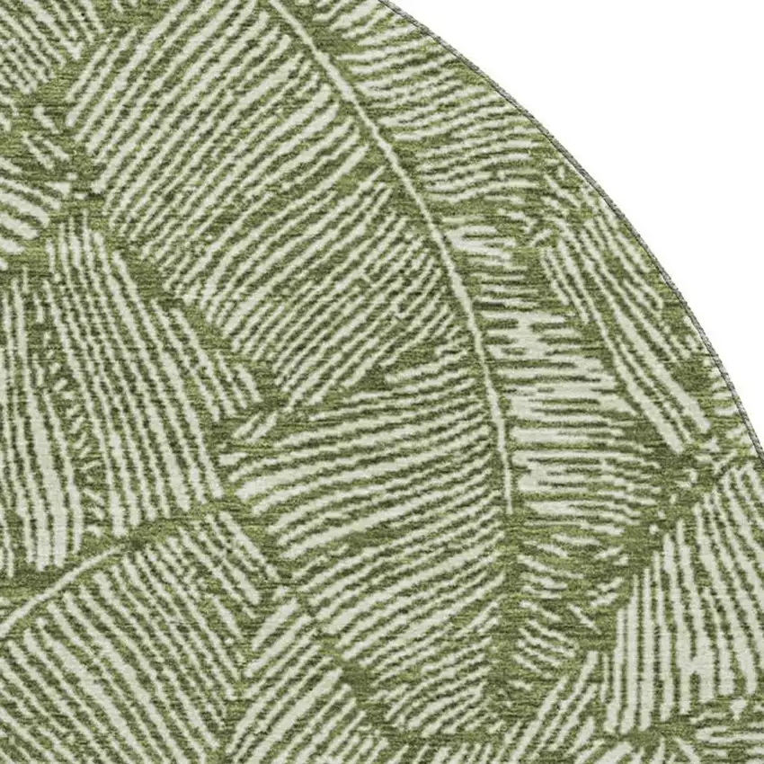 8' Olive Green And Ivory Floral Washable Round Rug With UV Protection Photo 3