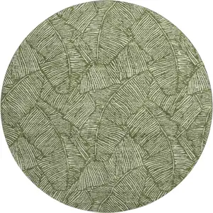 Photo of 8' Olive Green And Ivory Floral Washable Round Rug With UV Protection