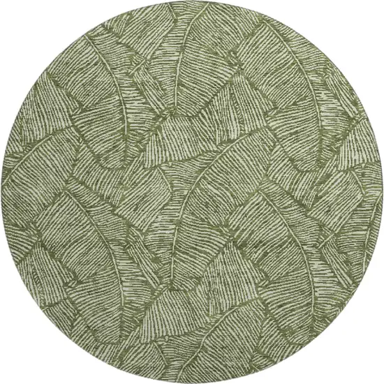 8' Olive Green And Ivory Floral Washable Round Rug With UV Protection Photo 1