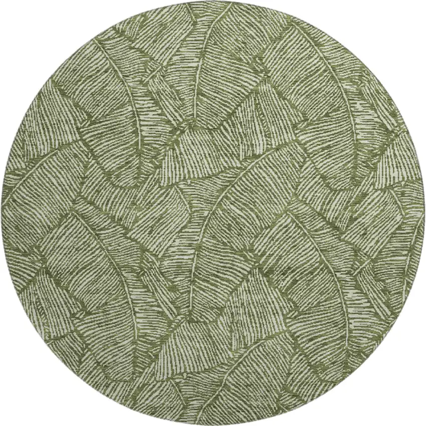 8' Olive Green And Ivory Floral Washable Round Rug With UV Protection Photo 1
