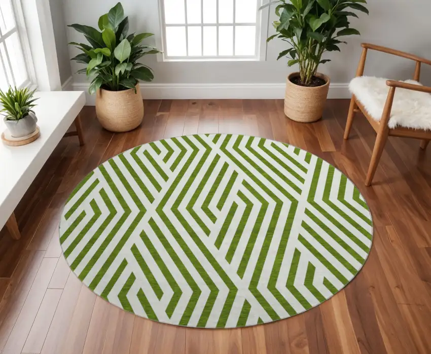 8' Olive Green And Ivory Geometric Washable Round Rug With UV Protection Photo 2