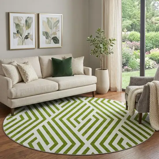 8' Olive Green And Ivory Geometric Washable Round Rug With UV Protection Photo 1