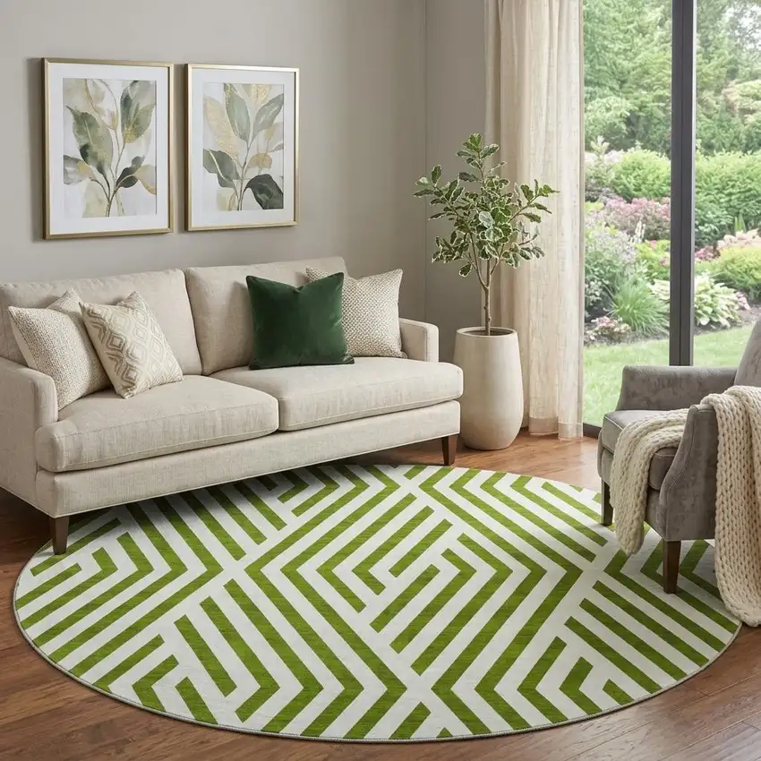 8' Olive Green And Ivory Geometric Washable Round Rug With UV Protection Photo 1