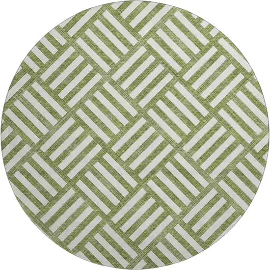 8' Olive Green And Ivory Geometric Washable Round Rug With UV Protection Photo 1