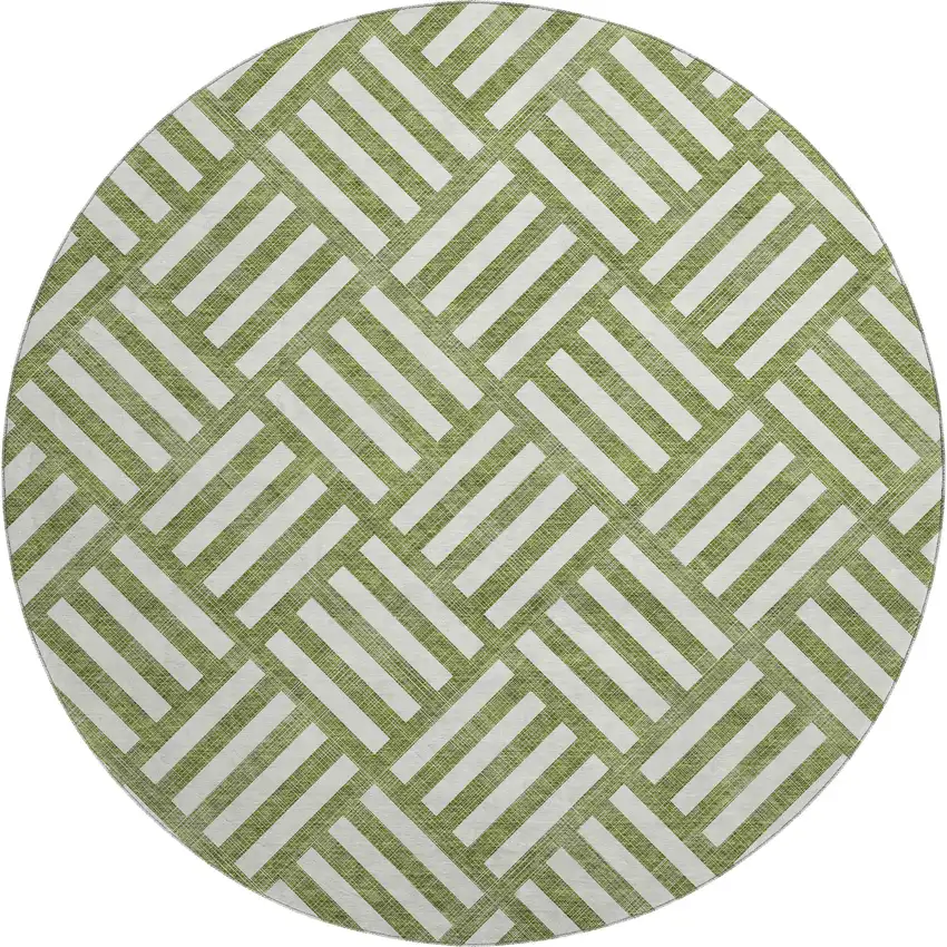 8' Olive Green And Ivory Geometric Washable Round Rug With UV Protection Photo 1