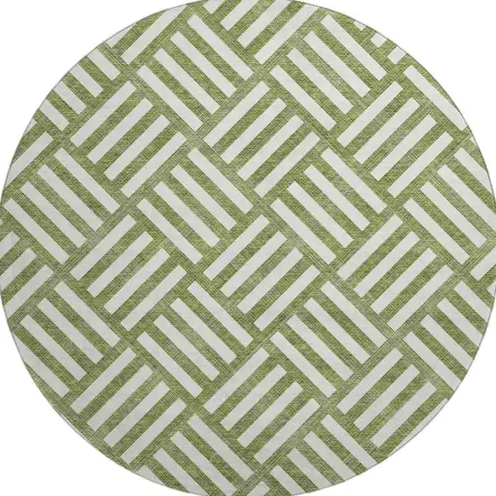 8' Olive Green And Ivory Geometric Washable Round Rug With UV Protection Photo 4