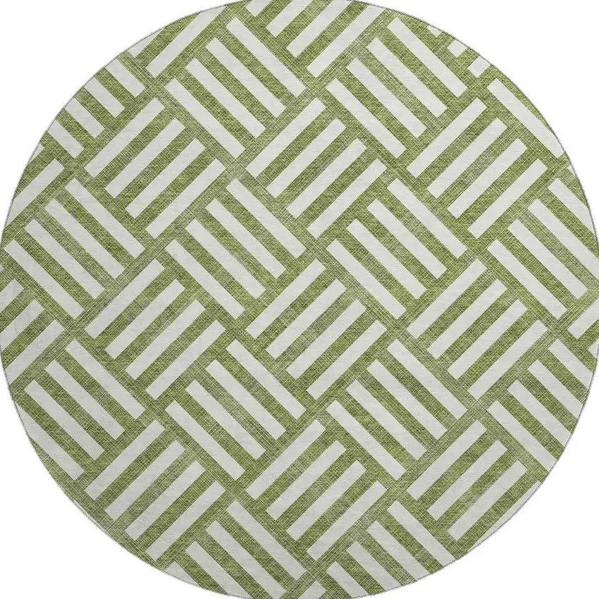8' Olive Green And Ivory Geometric Washable Round Rug With UV Protection Photo 4