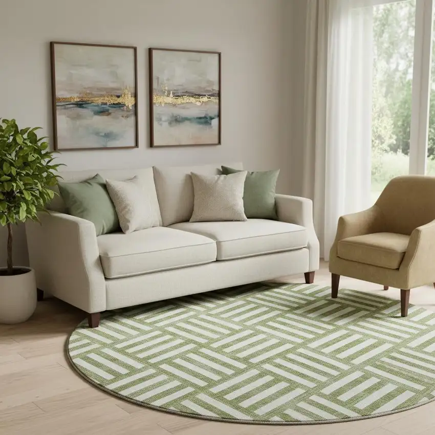 8' Olive Green And Ivory Geometric Washable Round Rug With UV Protection Photo 1