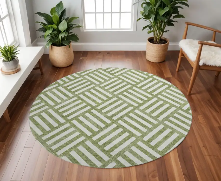 8' Olive Green And Ivory Geometric Washable Round Rug With UV Protection Photo 2