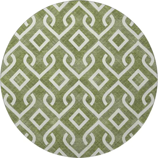 8' Olive Green And Ivory Geometric Washable Round Rug With UV Protection Photo 4