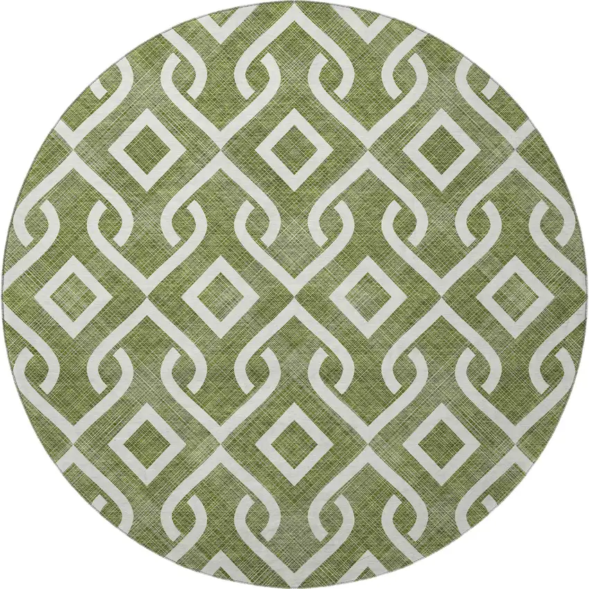 8' Olive Green And Ivory Geometric Washable Round Rug With UV Protection Photo 4