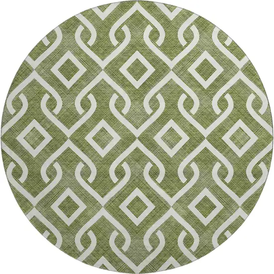 8' Olive Green And Ivory Geometric Washable Round Rug With UV Protection Photo 1