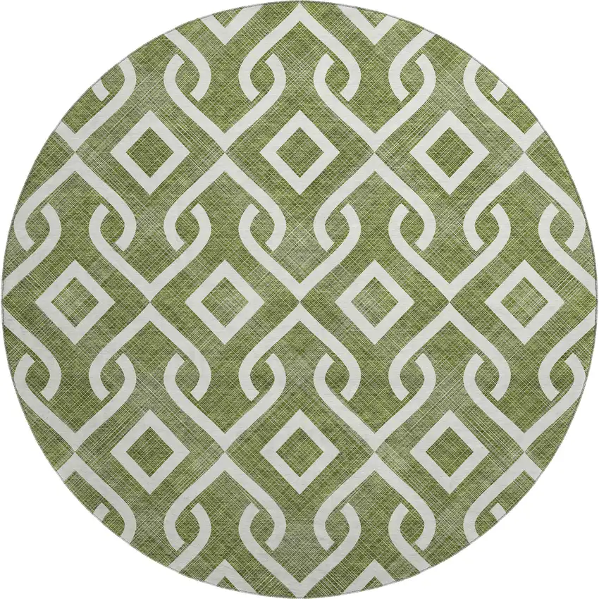 8' Olive Green And Ivory Geometric Washable Round Rug With UV Protection Photo 1