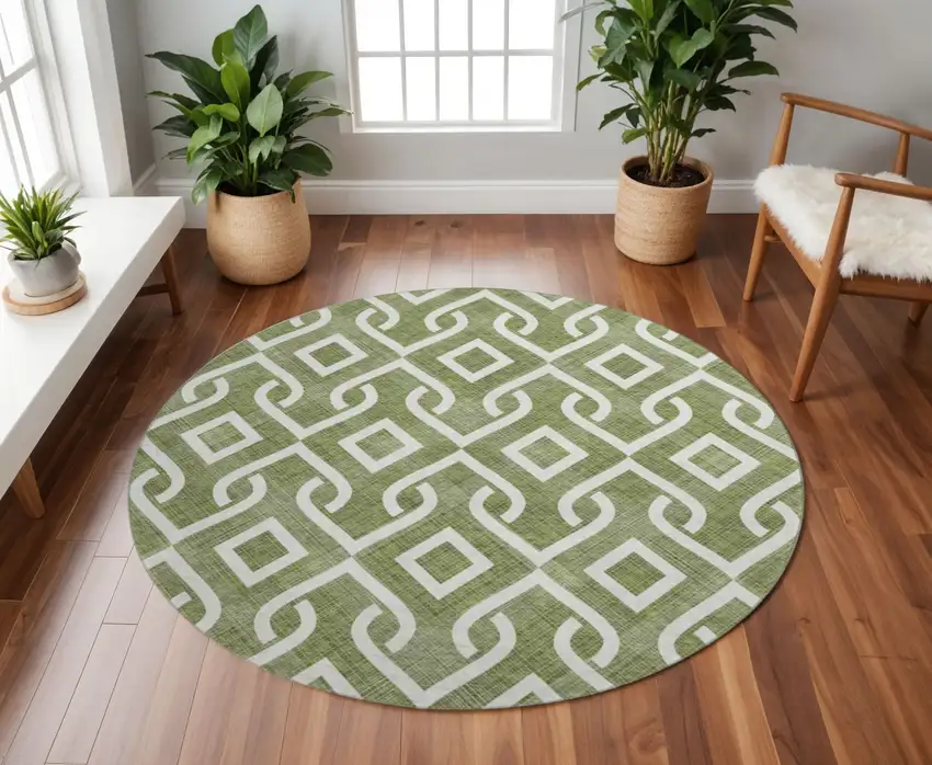 8' Olive Green And Ivory Geometric Washable Round Rug With UV Protection Photo 2