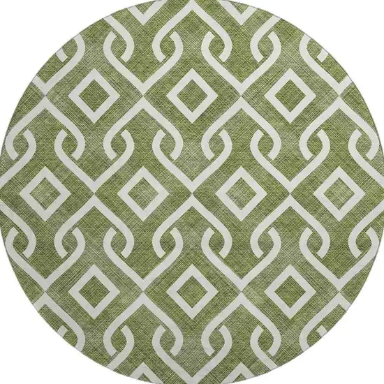 8' Olive Green And Ivory Geometric Washable Round Rug With UV Protection Photo 3