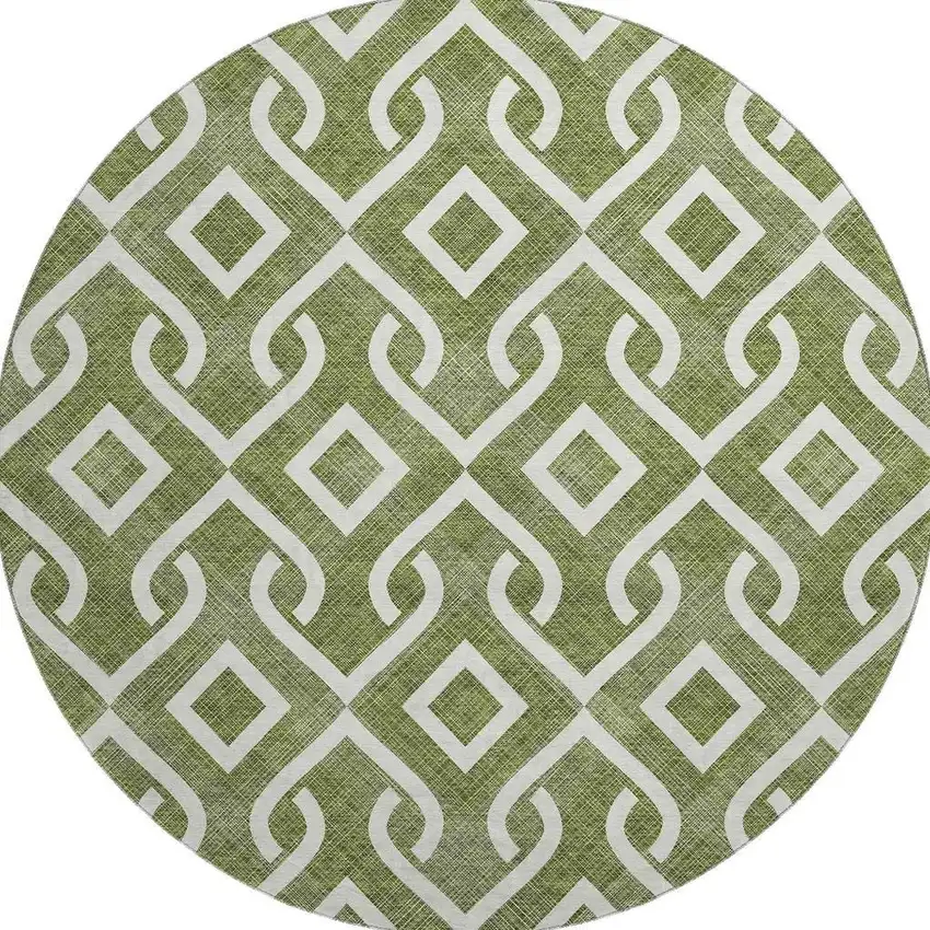 8' Olive Green And Ivory Geometric Washable Round Rug With UV Protection Photo 3