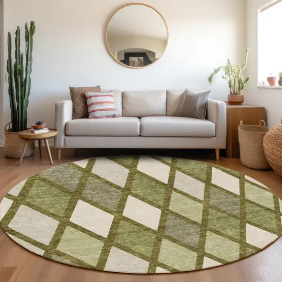 8' Olive Green And Ivory Geometric Washable Round Rug With UV Protection Photo 4