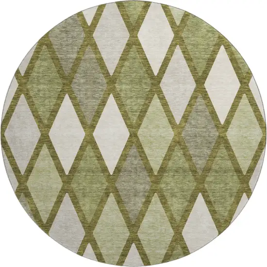 8' Olive Green And Ivory Geometric Washable Round Rug With UV Protection Photo 1