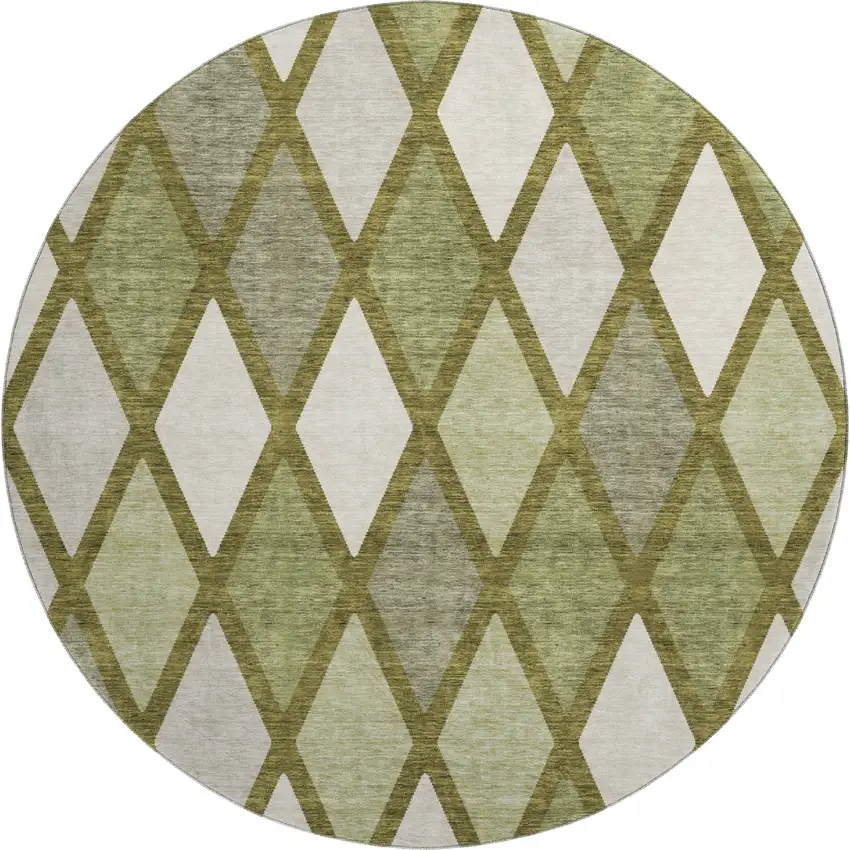8' Olive Green And Ivory Geometric Washable Round Rug With UV Protection Photo 1