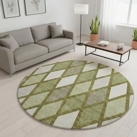 8' Olive Green And Ivory Geometric Washable Round Rug With UV Protection Photo 2